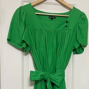 Who What Wear Linen Dress M Green Midi Square Neckline W/Sash Like New! Preppy!